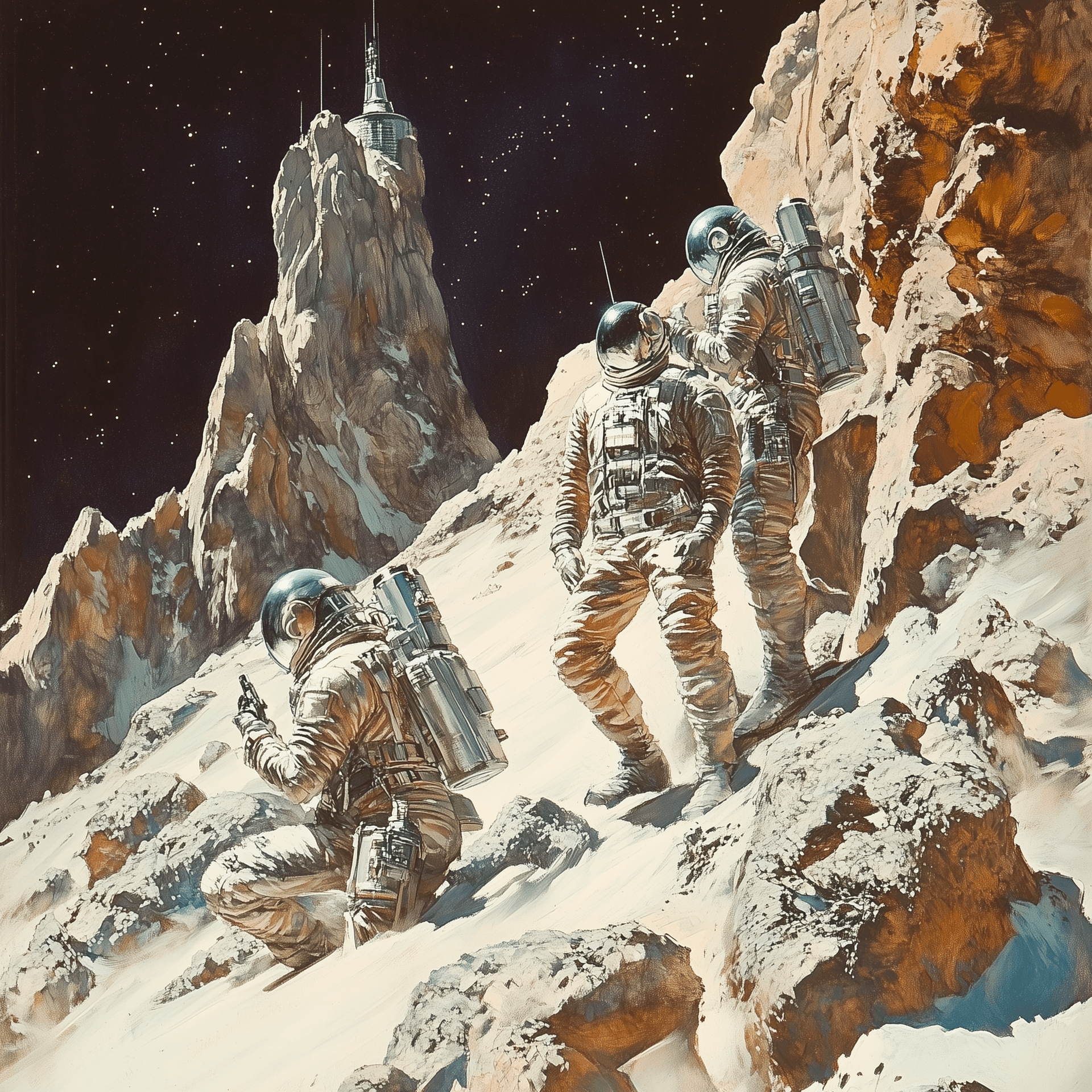 AI generated: 70s sci-fi fantasy space opera, two astronauts and an alien in silver armor on the surface of moon w...
