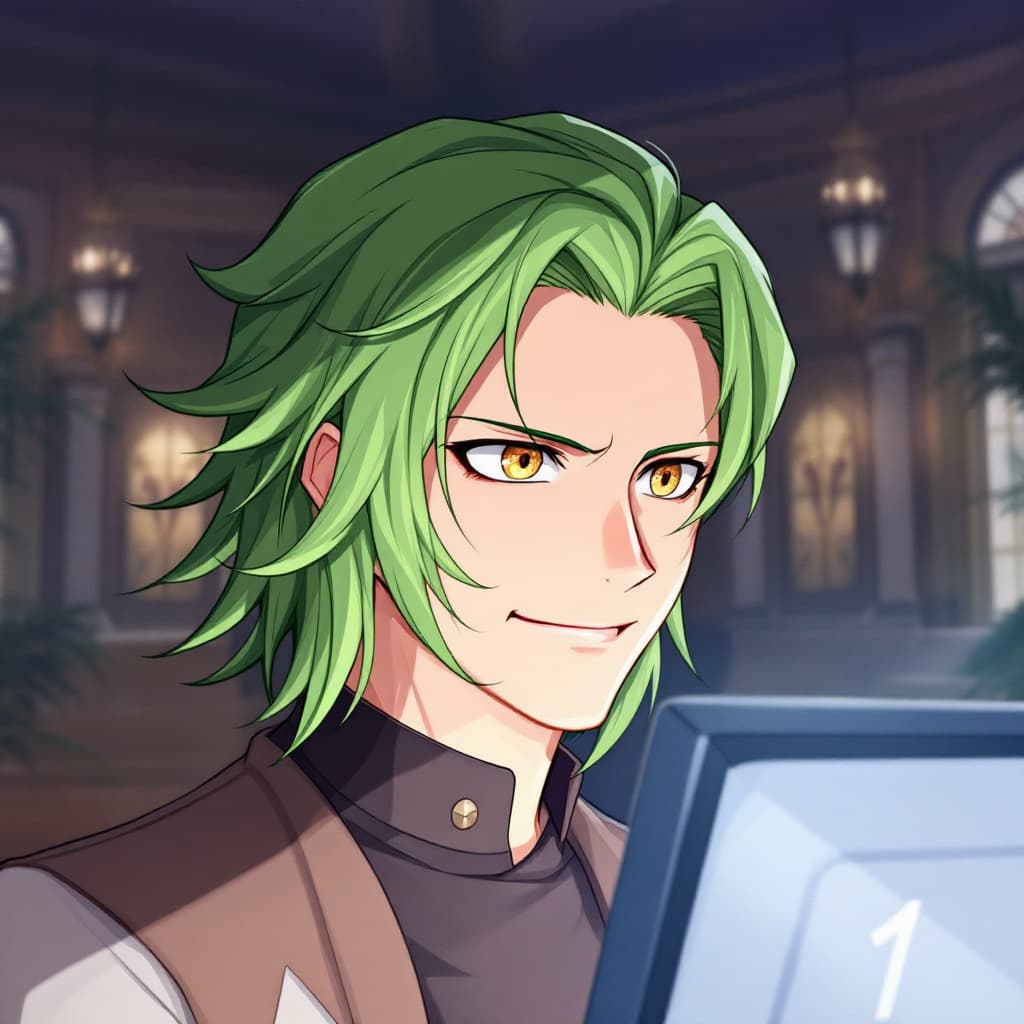 AI generated: re:zero%20art%20style,%20Green%20hair,%20medium%20length%20hair,%20wavy%20hair,%20green%20brown%20or...