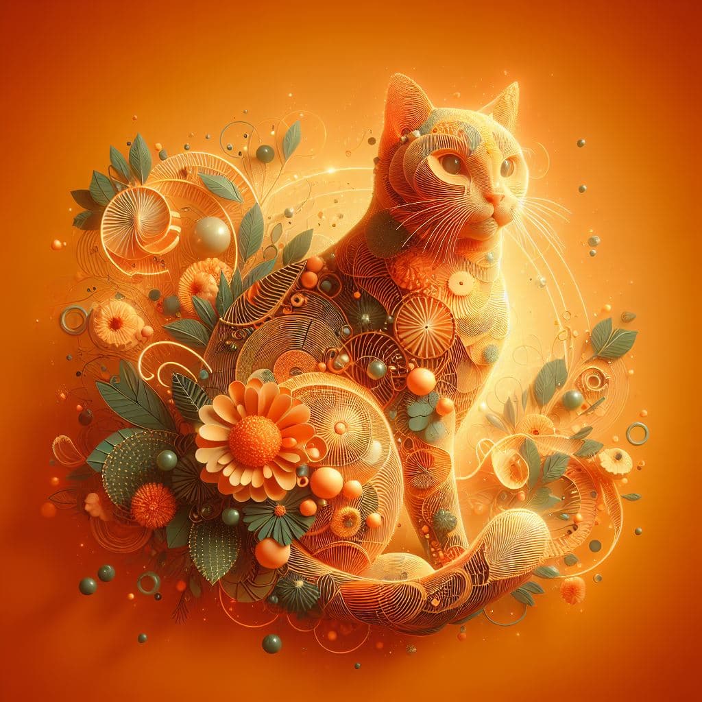 AI generated:  abstract 3D shape ginger cat, foliage and flowers incorporated, light emitting, green background 