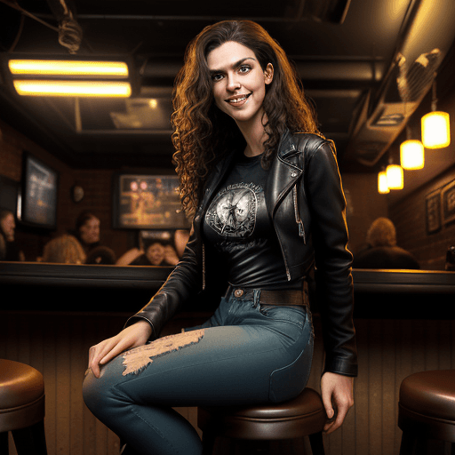 AI generated: Photorealistic tall, slender woman sitting on a bar stool in a relaxed posture at a dive bar. Long, ...