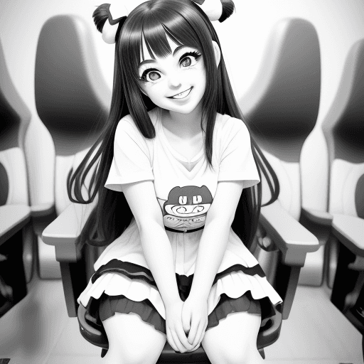 AI generated: Cartoon girl smiling, Anime cute, big beautiful eyes, fully seated, smile,{{{{{{black and white styl...