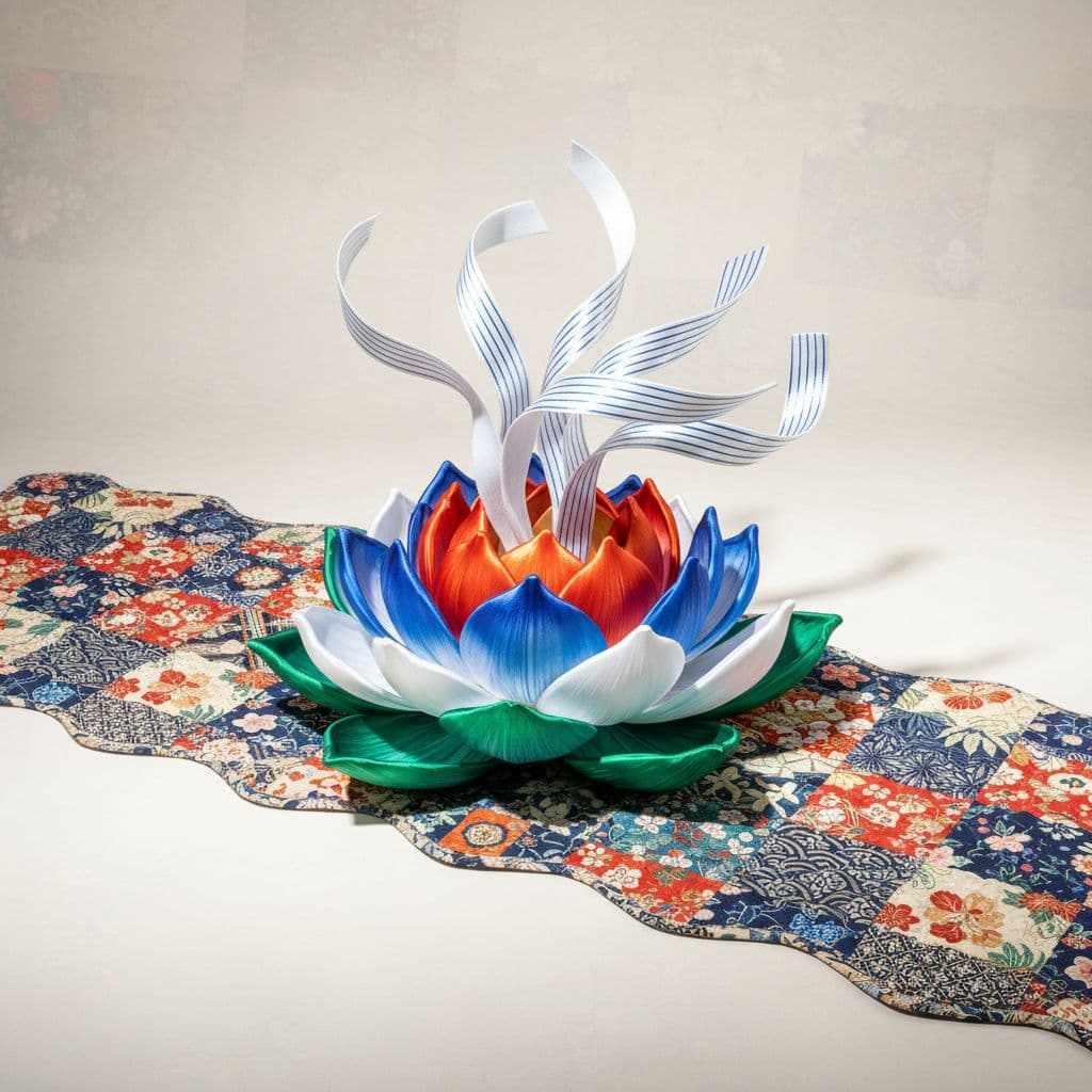 AI generated:  A hyper-realistic scene featuring a lotus-shaped sculpture crafted from glossy satin silk, with lon...