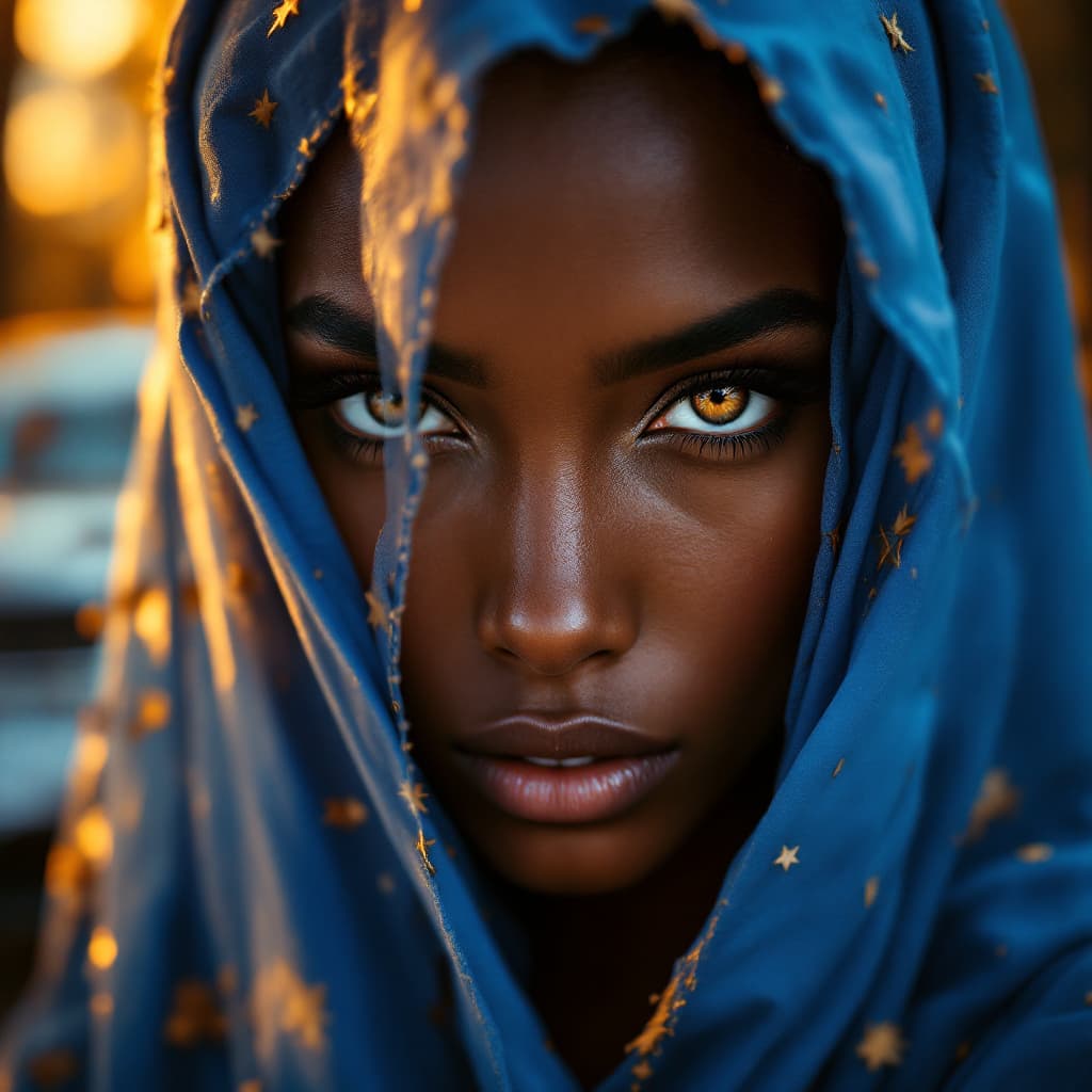 AI generated: A regal Touareg woman's eyes pierce through a soft, flowing indigo blue veil under golden light. Her...