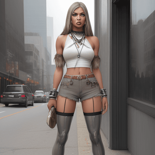 AI generated: leeana davis shorts and thigh-high heels outfits for fall, in the style of photorealistic urban scen...
