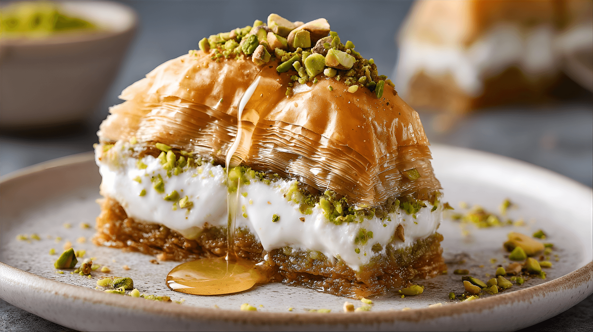 AI generated: slice of baklava, displayed on a plate.  The baklava is layered with flaky, golden-brown phyllo doug...
