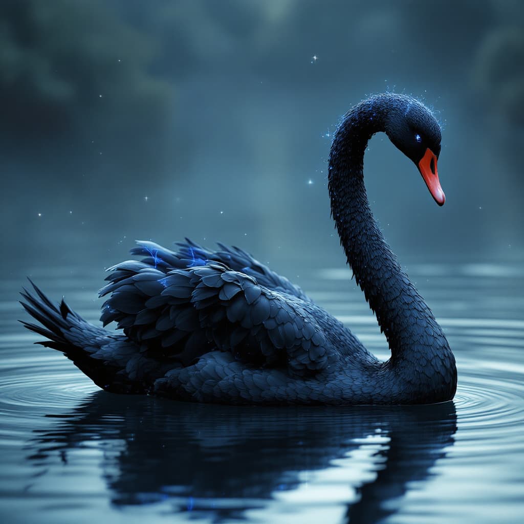 AI generated: generate a unique image, a black swan floats coyly on water, the swan is mystical & ethereal & repre...