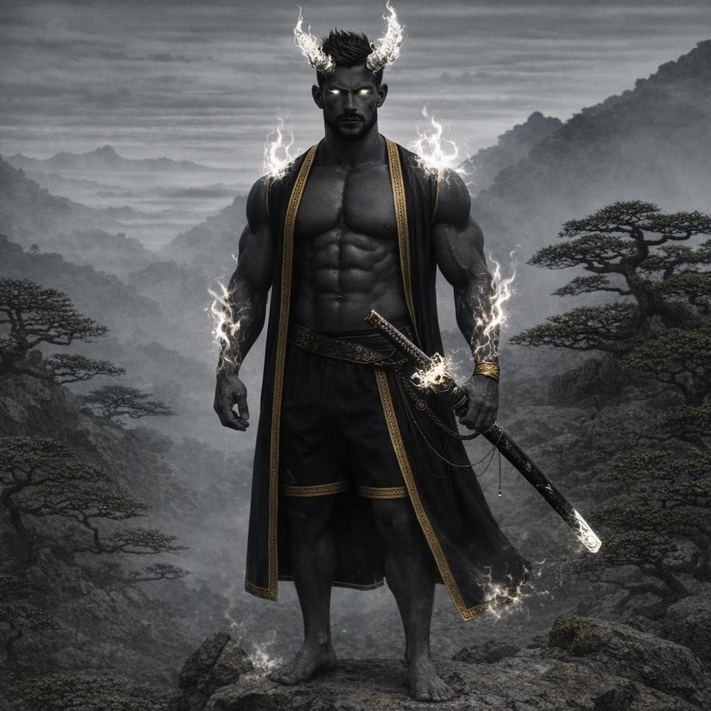 AI generated: Create a demonic version of this man keeping most of the original features with dark grey skin and u...