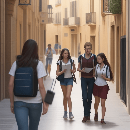 AI generated: High resolution photography realistic of 4 students walking  in the streets of Tarragona city  with ...