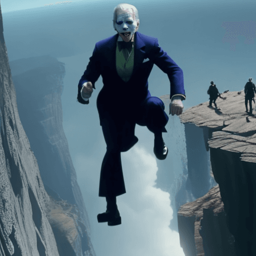 AI generated: Joe Biden, dressed as the Joker, about to be pushed over a cliff like Hans in Die Hard. screengrab s...