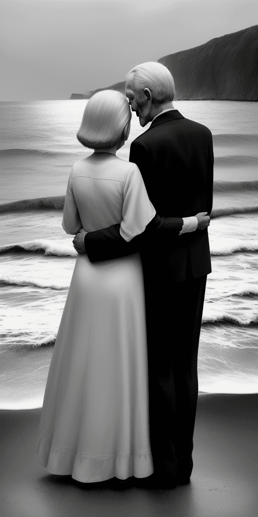 AI generated: Black and white drawing, with an elderly couple looking at each other, he is taller than her, she is...