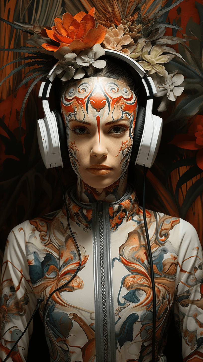AI generated: a woman with headphones and a cactus nearby, in the style of optical illusion body art, striated res...