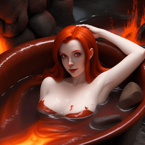 AI generated: A redhead succubus laying in a bath of lava