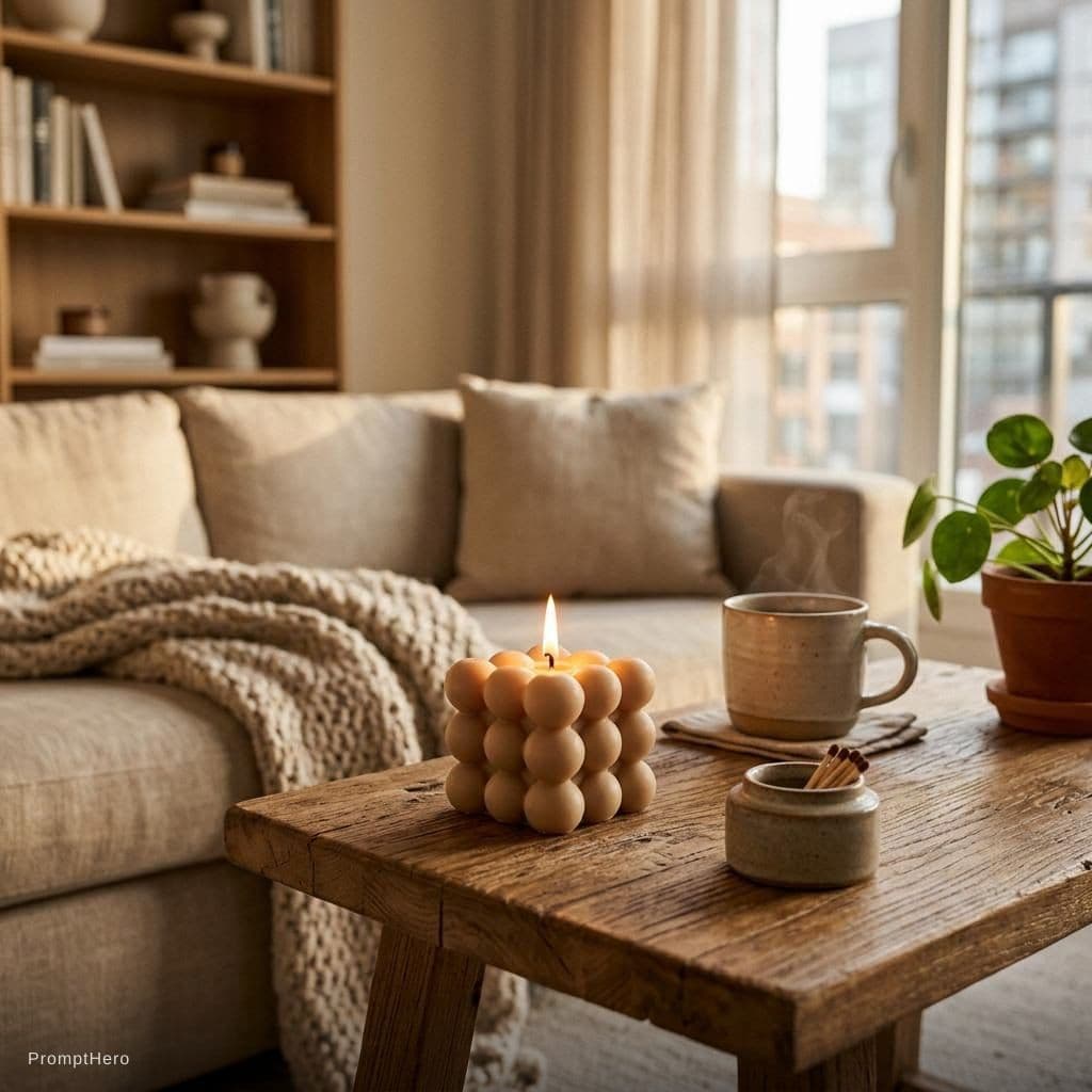 AI generated: A burning bubble candle in a stylish modern apartment, placed on a wooden table, warm ambient lighti...