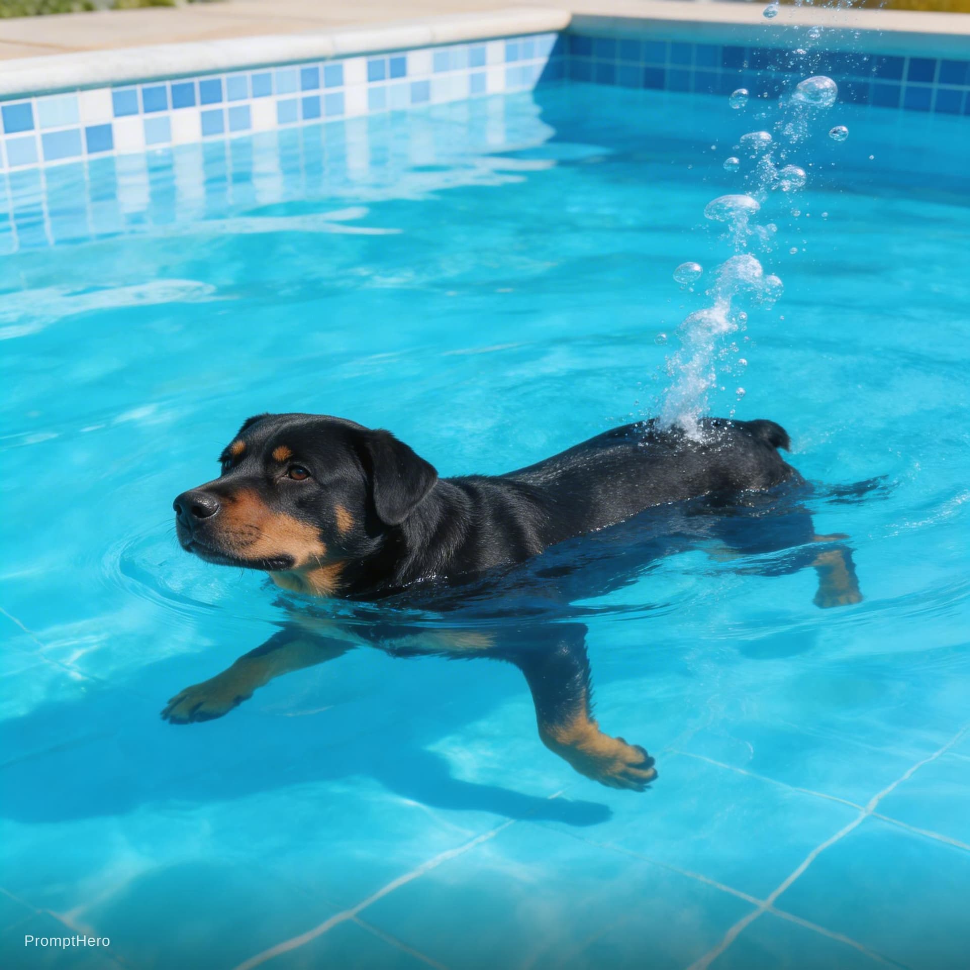 AI generated: um cachorro hotweiller na piscina mergulhando e soltando um peido fazendo borbolhas
