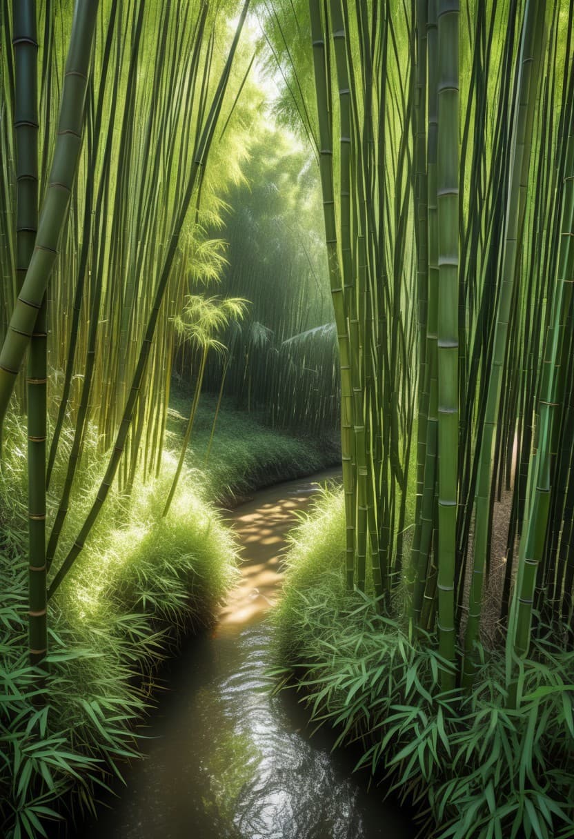 AI generated: A dense bamboo forest with tall, swaying bamboo canes and hidden paths winding through the thick und...