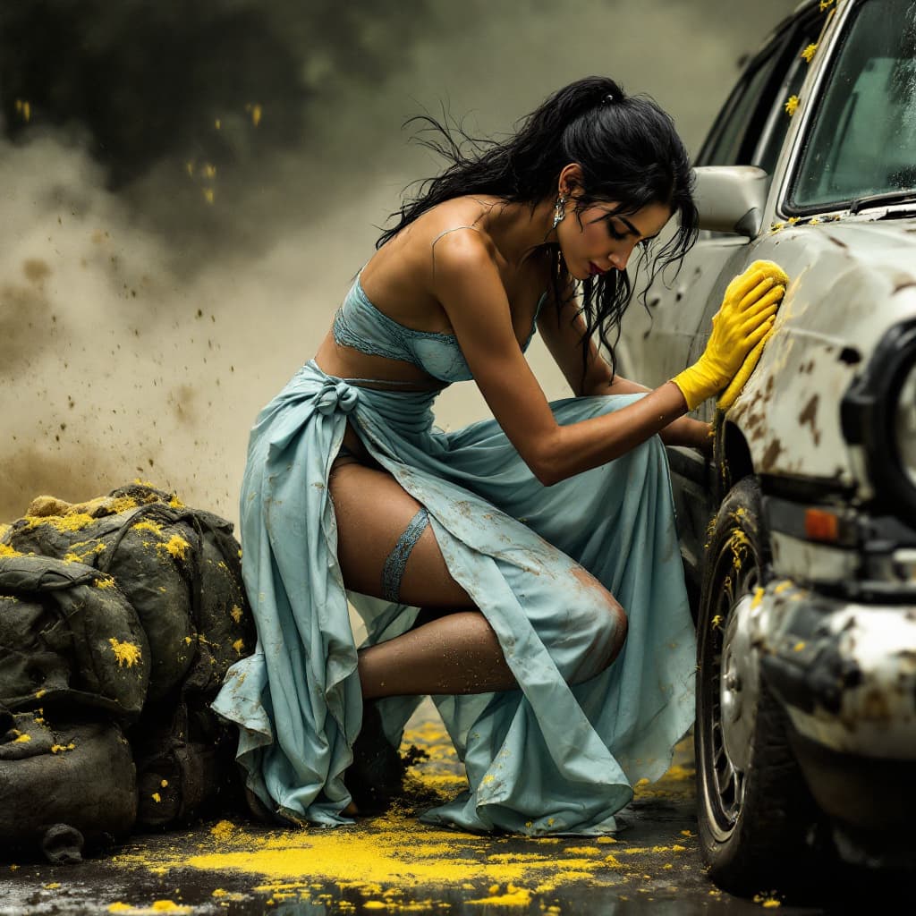 AI generated: The indian woman, wearing a wet, dirt-smudged summer dress, bends gracefully to clean the car's whee...