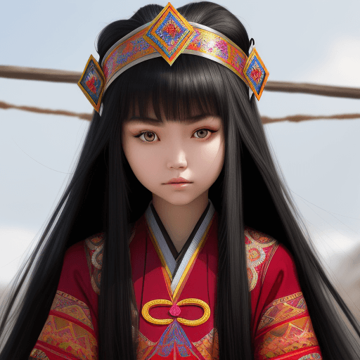 AI generated: kazakh beauty girl. black long hair. traditional clothes. line eyes. 