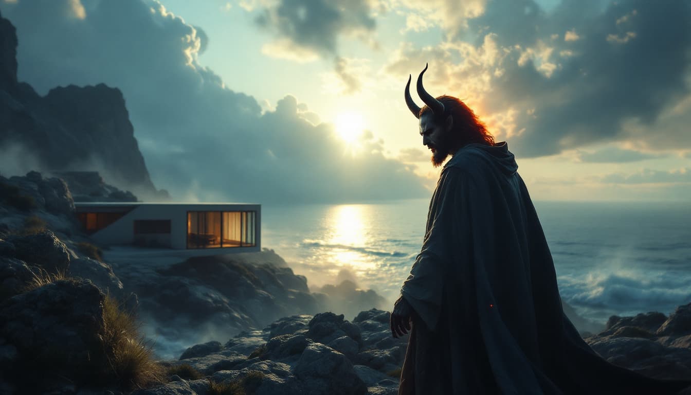 AI generated: Hyper A cinematic masterpiece rendered in 8k octane, showcasing a timeless conflict: a divine Jesus ...
