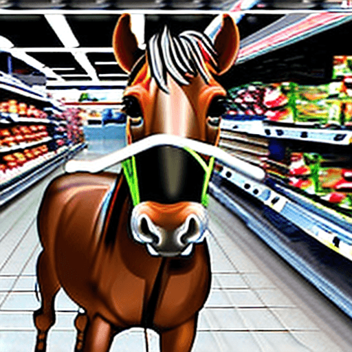 AI generated: hyper realistic horse inside a supermarket cart. inside a trollwey . The horse needs to be really re...