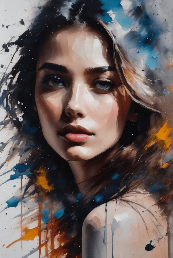 AI generated: A beautiful woman created from random paint blotches and brush strokes, eyes open, oil painting, slo...