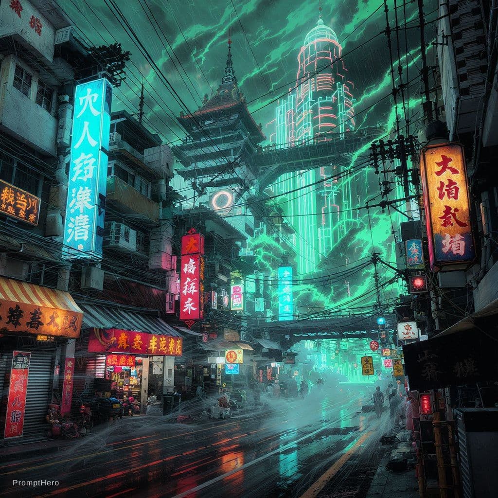 AI generated: a cyberpunk neo bandung in the style of Katsuhiro Ôtomo