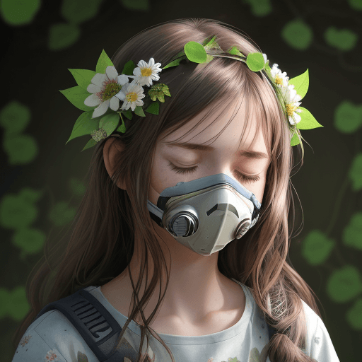 AI generated: 1 girl, respirator on face, brown hair, closed eyes, face, facial hair, flower, leaf, flowers growin...