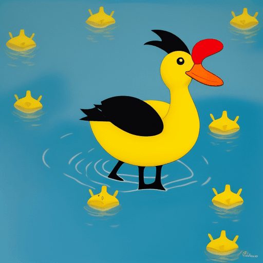 AI generated: pato amarelo, na agua azul pálido, estilo miró