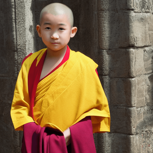 AI generated: Use my profile picture to create a picture of a young Buddhist monk standing and wearing yellow robe...