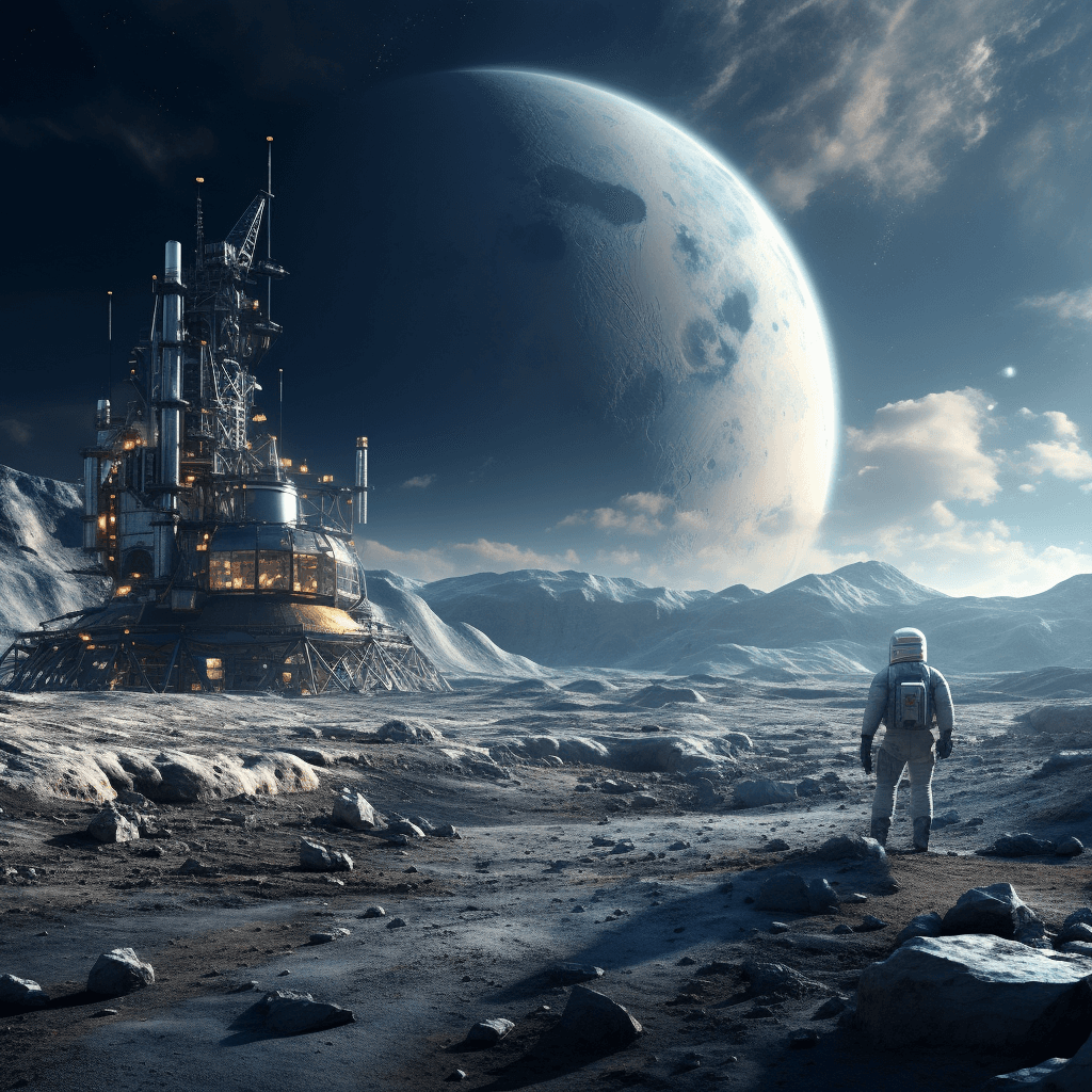 AI generated: 1955, moon landing, sci-fi, 8k, photorealistic, no atmosphere, earth in the sky, terraforming, style...