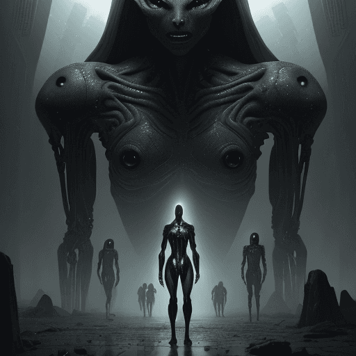 AI generated: futuristic ambiance ;close encounters. , grey aliens. strange beings with grey skin and large black ...