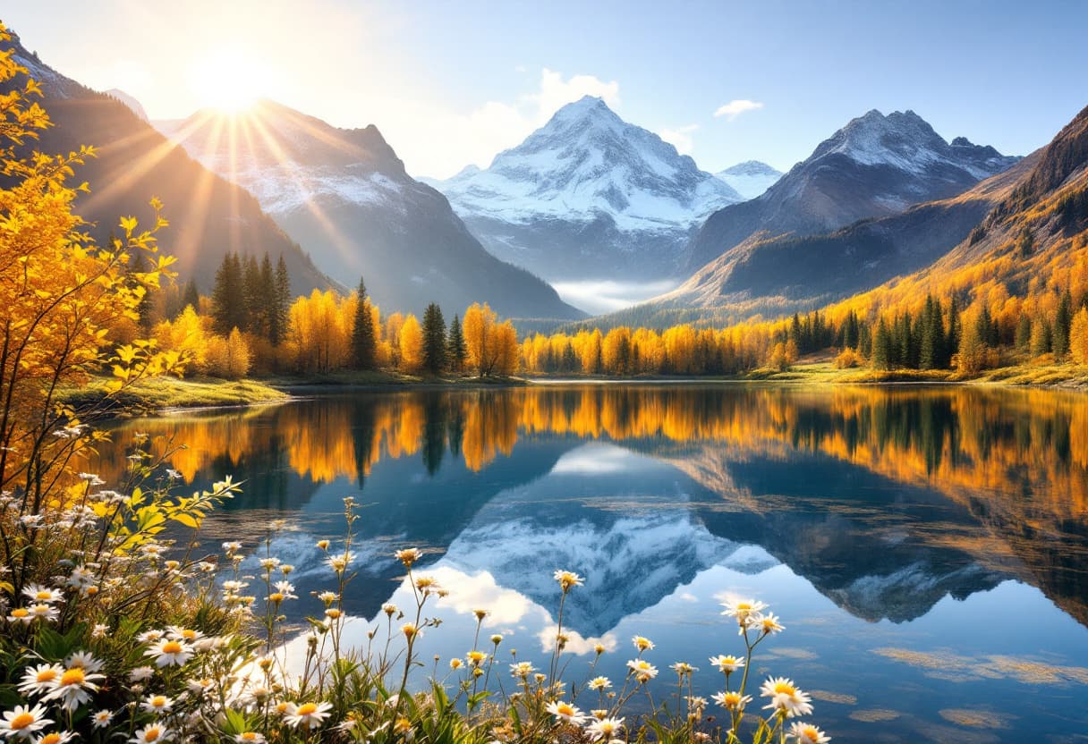 AI generated: (A serene mountain landscape at sunrise), featuring a calm lake with a mirror-like reflection of the...