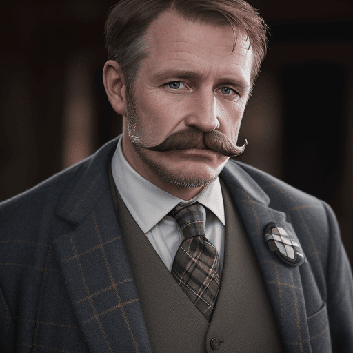 AI generated: portrait of a 45 year old Scotsman speaking to miners, moustache, wears a cheap suit, close-up, over...