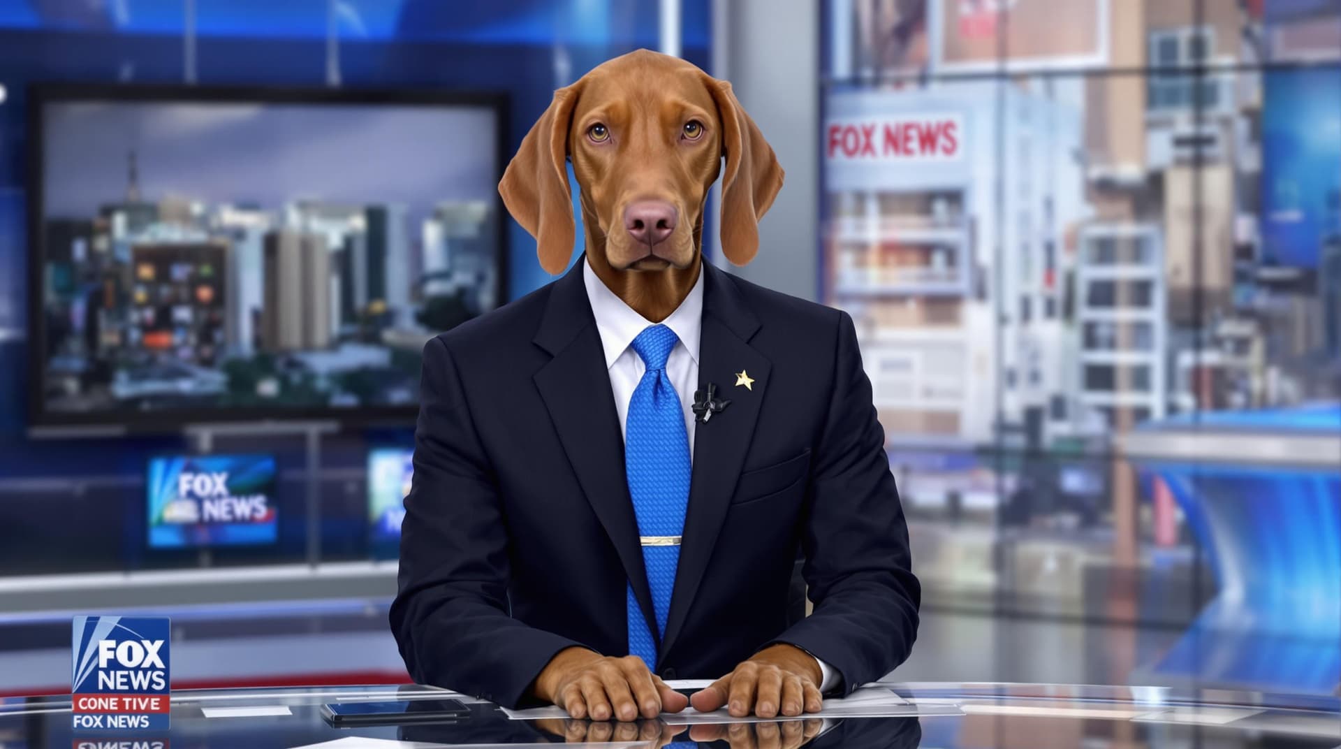 AI generated: Vizsla dog, wearing a suit and blue tie, sitting at desk in news room, reporting the news, anchor ma...