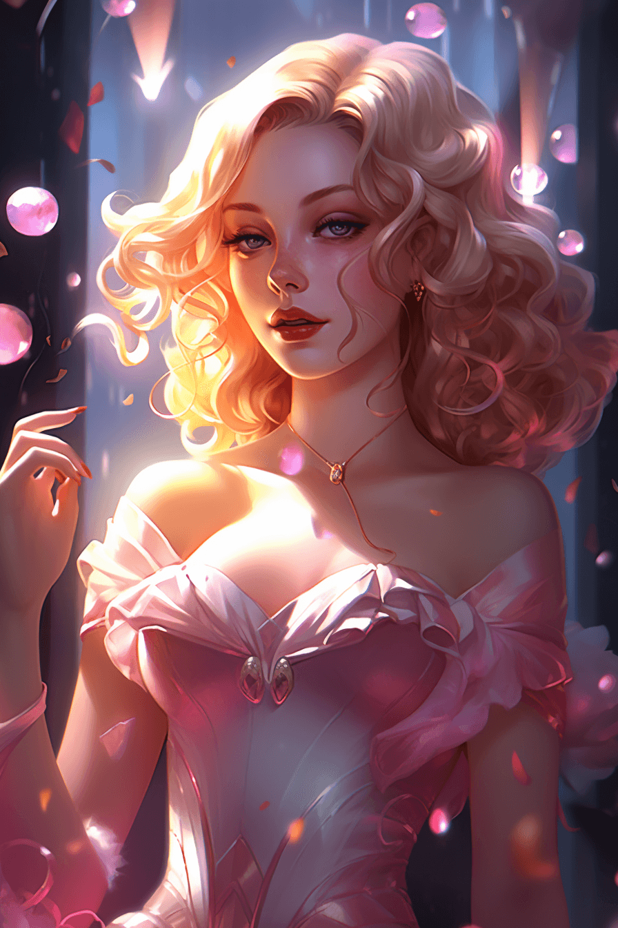 AI generated: summer queen, background summer style with pink and white glow lights, character style by artgerm, a...