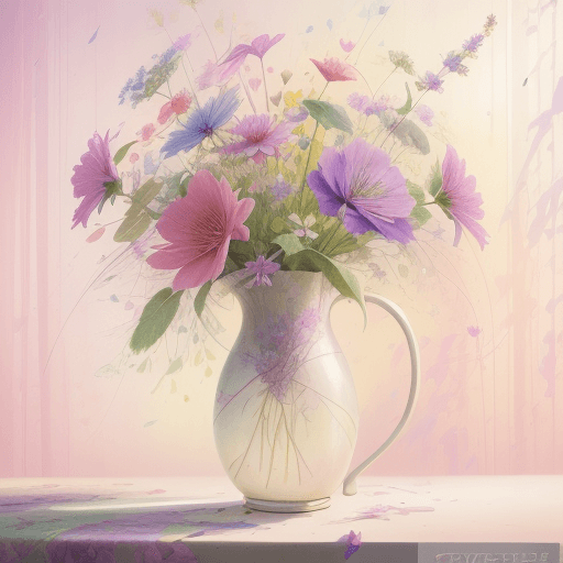 AI generated: Abstract painting of vibrant flowers with pink and purple petals and green stems around each delicat...