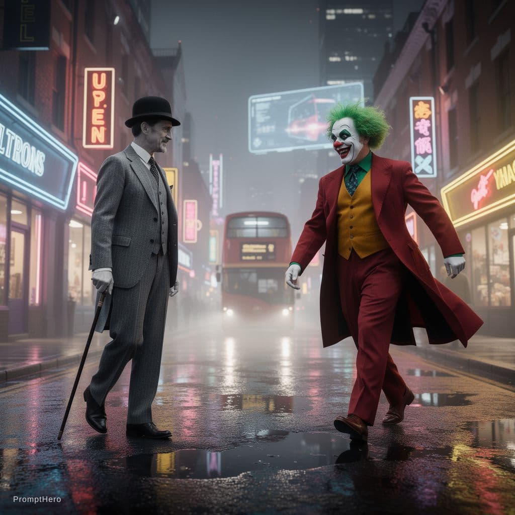 AI generated: Cinematic medium-wide shot in a futuristic London street, year 2030. Wet pavement reflecting neon ci...