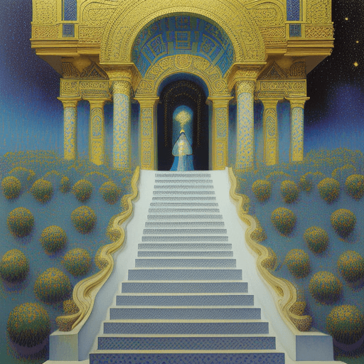 AI generated: Led Zeppelin´s Stairway to heaven", fine detailed pointillism painting + low-angle view, hyper-reali...