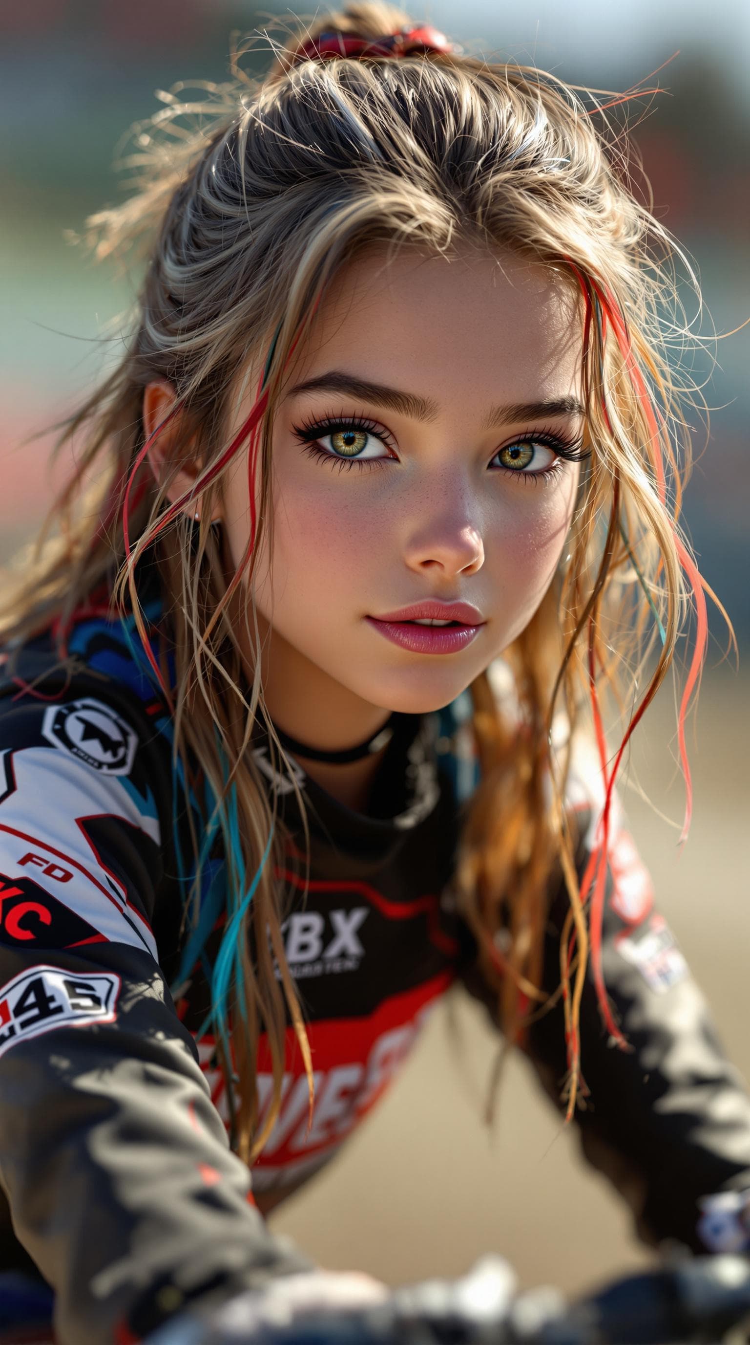 AI generated: A professional portrait of the most stunning 7th-grade girl in the world, a BMX dirt bike racer, dep...