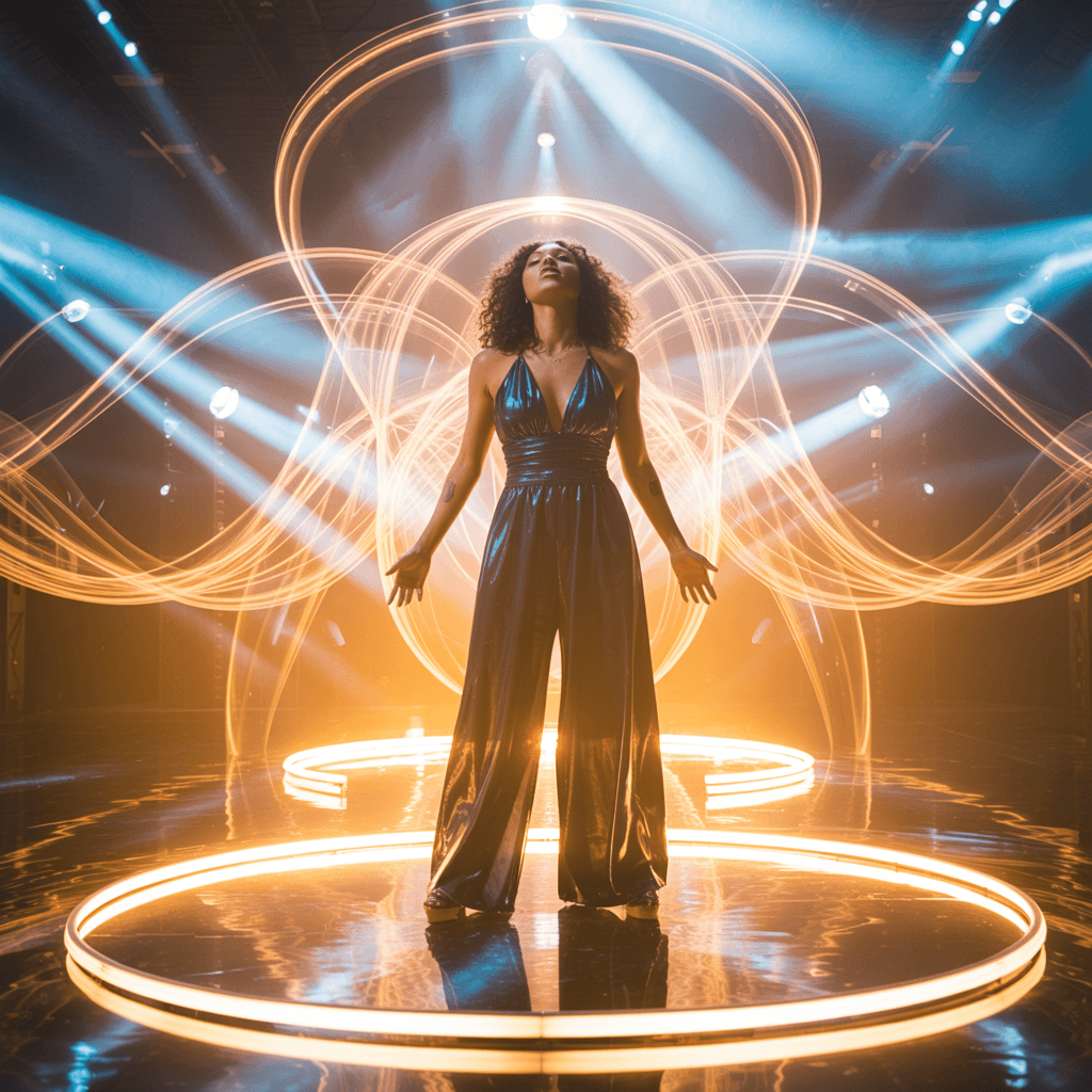 AI generated: A powerful female vocalist standing on a glowing stage, bathed in radiant golden and blue light, cin...
