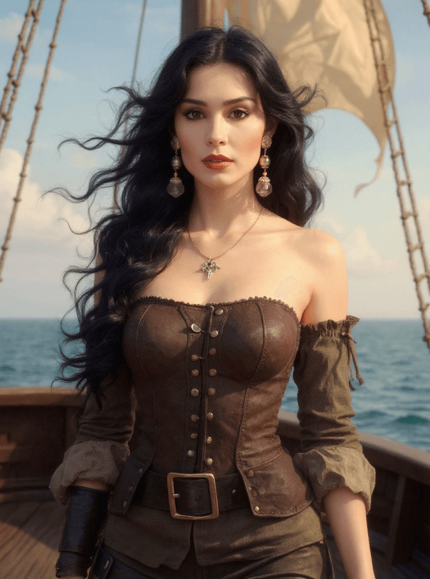 AI generated:  a stunning realistic photograph portrait of a beautiful 20 year old woman, (aboard a pirate ship:1....