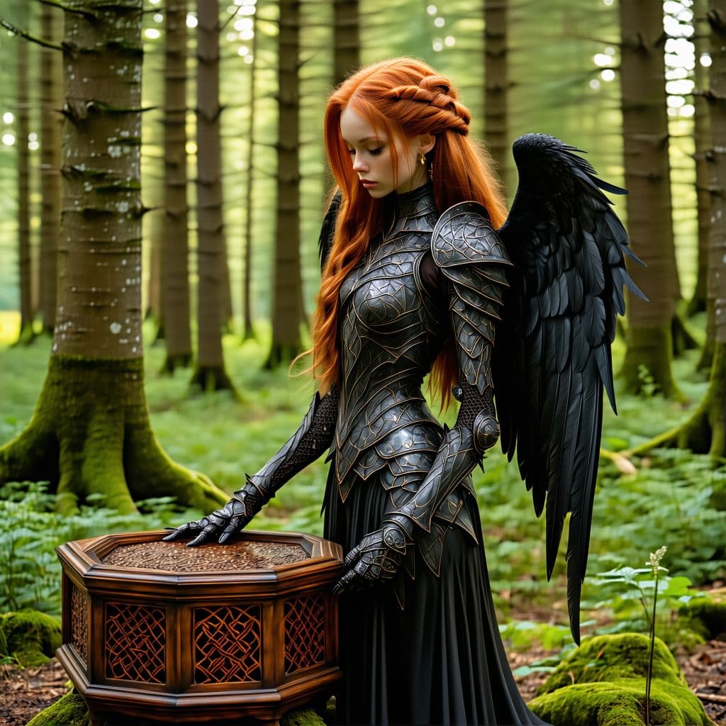 AI generated: A full body photo shot of a woman with long red hair and white Victorian Black Ebony wood armor, ins...