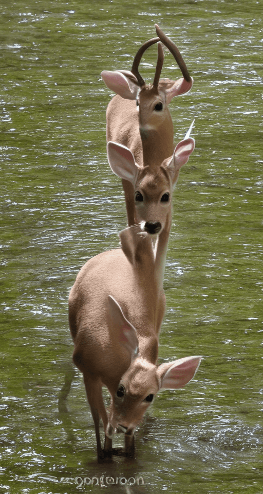 AI generated: add a baby dear drinking water from the river