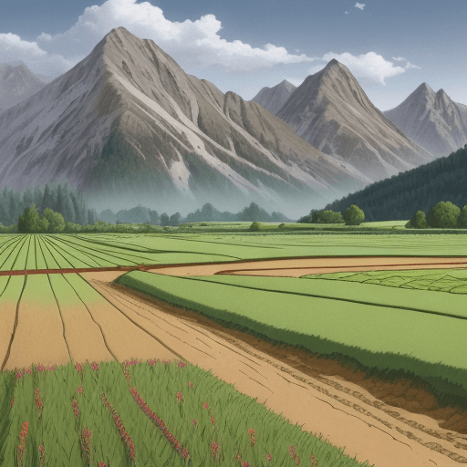 AI generated: cartoon a sown field with trenches against the mountains  full hd 