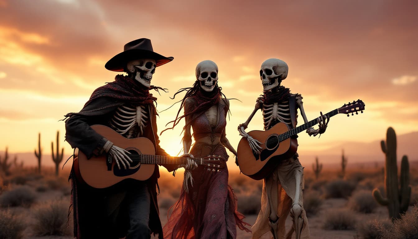 AI generated: Hola, quiero la siguiente imagen: Un hombre junto a dos calaveras caminando de espaldas en el desier...