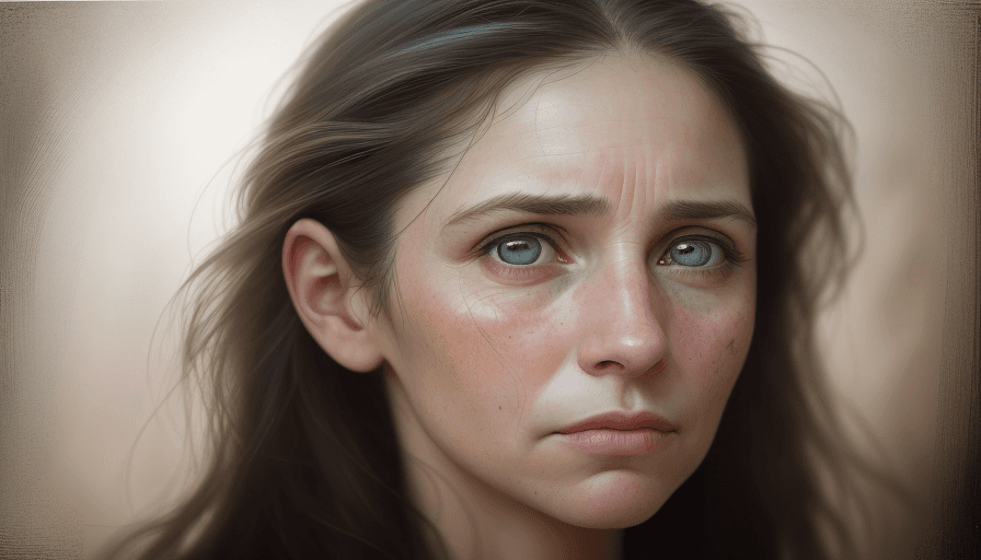 AI generated: A portrait of a woman, her face full of character and emotion. Her eyes are the focal point, reflect...