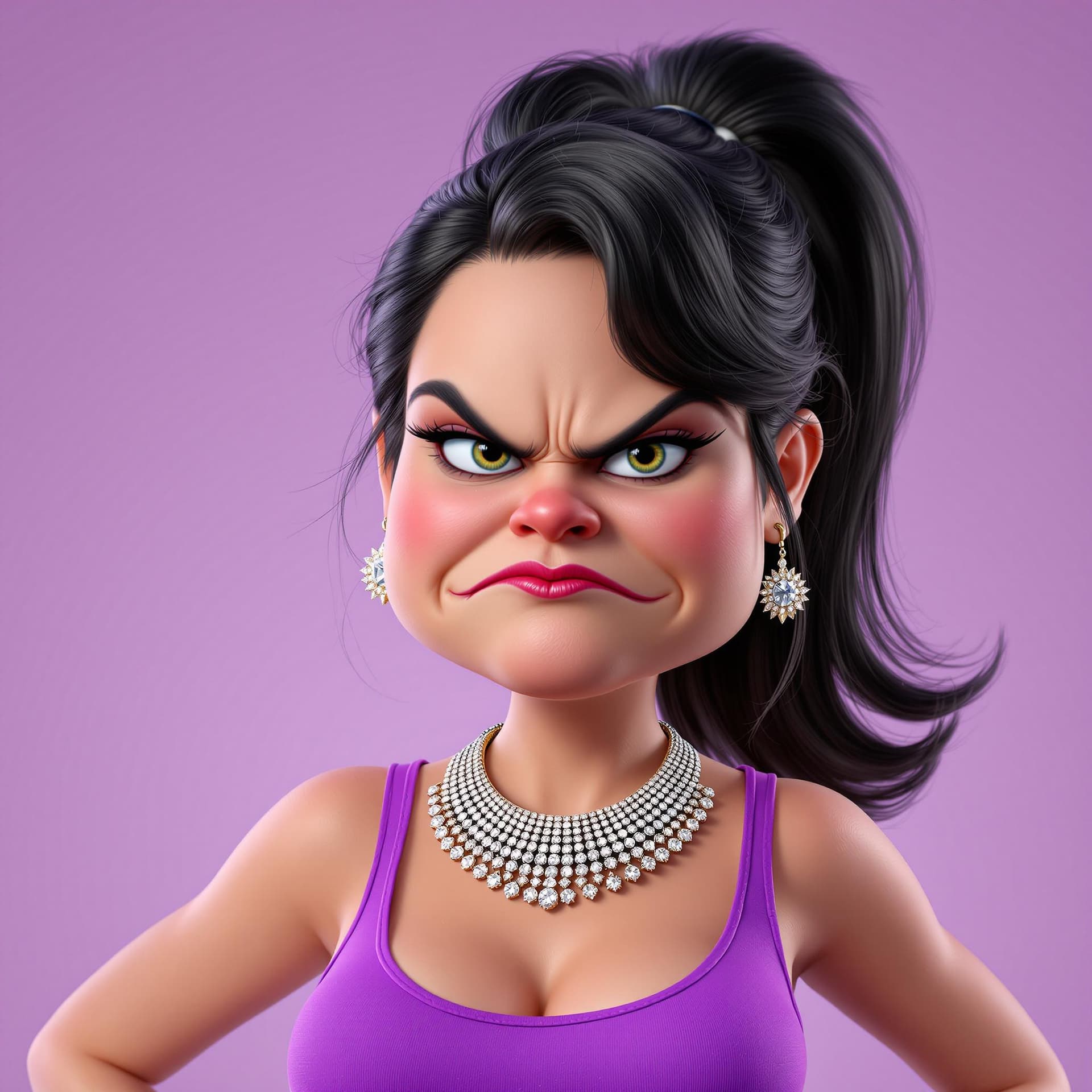 AI generated: Create a 3D render of a funny caricature featuring a young American woman with black hair adorned wi...