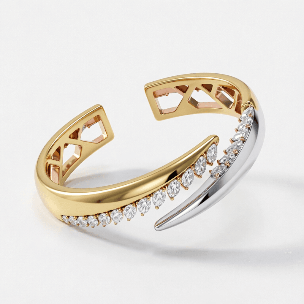 AI generated: Luxury 3D jewelry render of a modern open bangle bracelet inspired by minimalist high-end fine jewel...