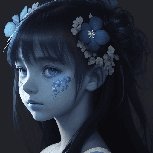 AI generated: a beautiful picture of a girl with blue flowers on her face, in the style of monochromatic paintings...