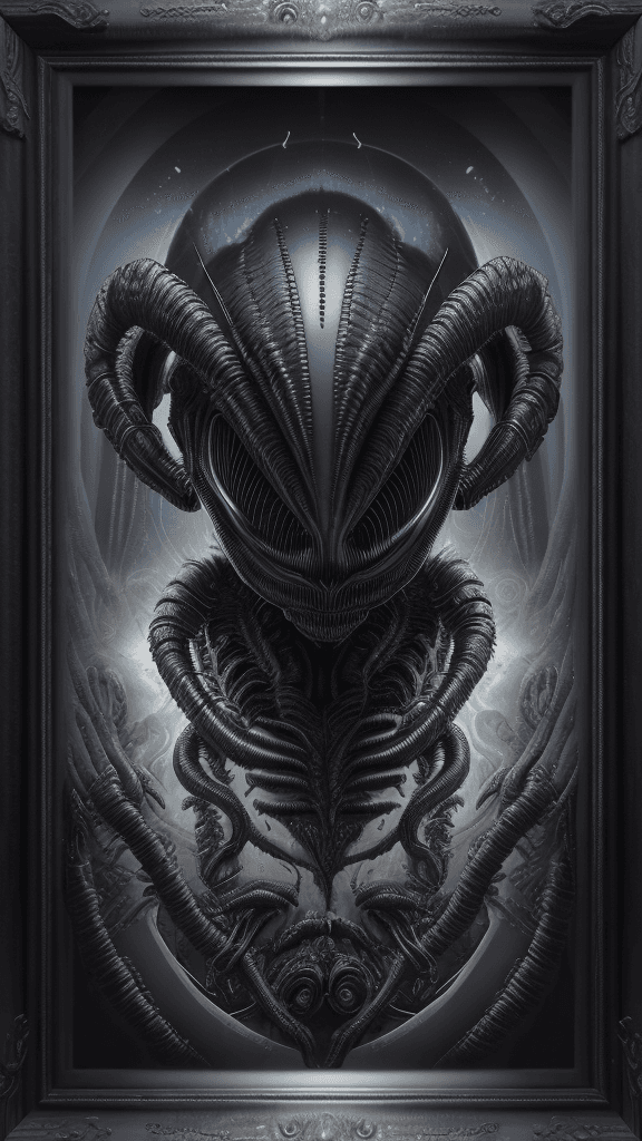 AI generated: "Captivating Xenomorph RFKTR-style headshot framed clubcard:1.1, a masterwork by H.R. Giger, invokin...