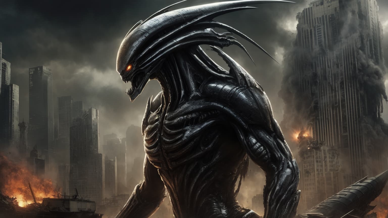 AI generated: "Digital Illustration, An imposing alien warrior clad in biomechanical armor, exuding a fearsome pre...